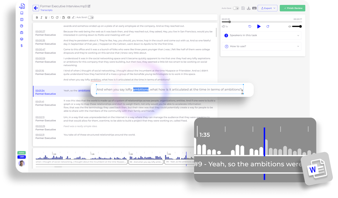 SmartDocumentor Cloud's transcript editor window